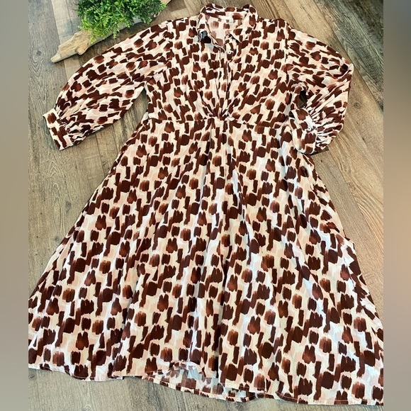 FEMELLA Brown & Pink 3/4 Sleeve Button Front Midi Dress, Size 3x - Picture 7 of 13